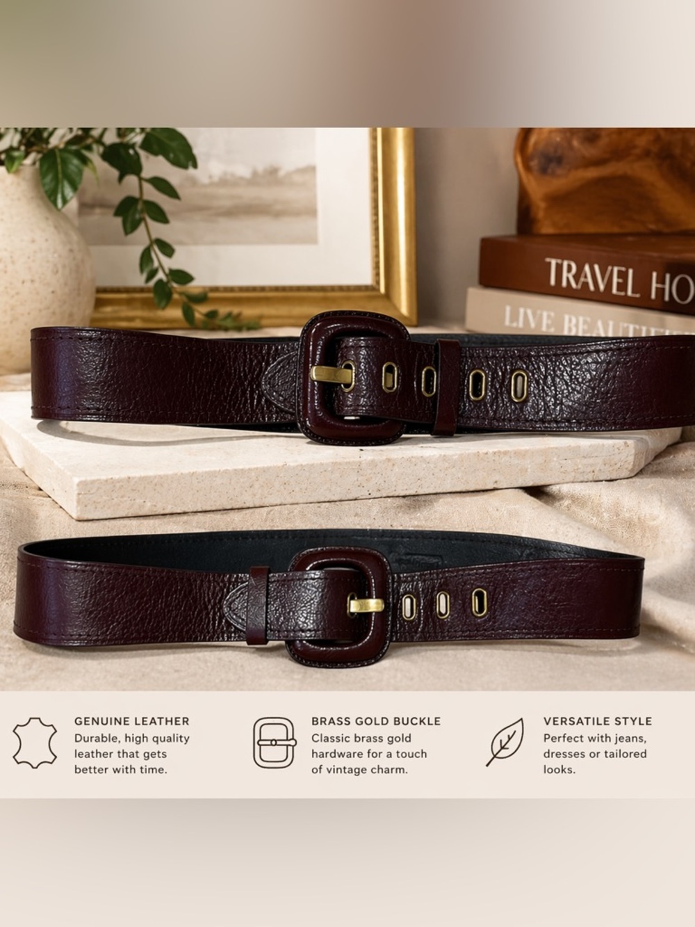 Fossil Dark cherry Brown Leather Women's Belt with Brass Gold Buckle